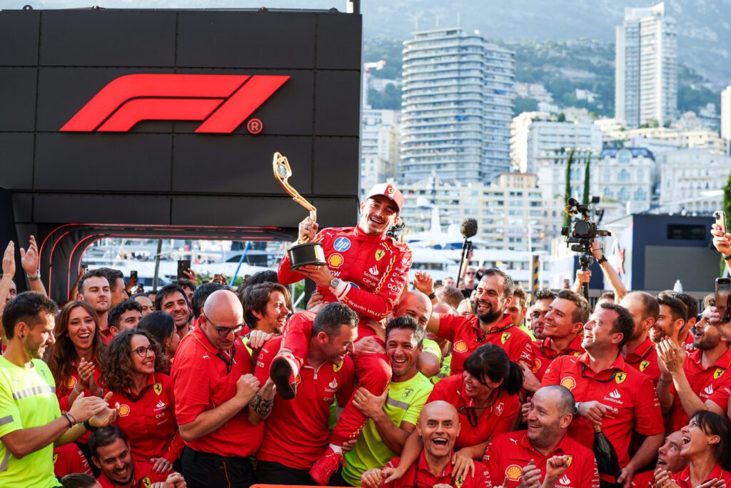 Charles Leclerc and Ferrari celebrating Monaco GP win